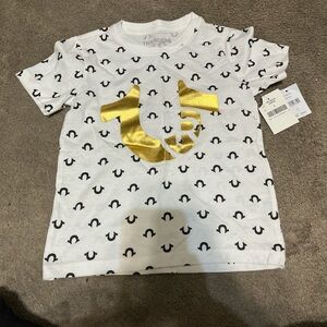 True Religion Kids Tee with Gold Logo and Black Pattern